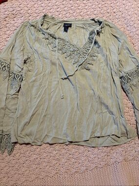 Daytrip Sage Green Crochet-Trim Peasant Top